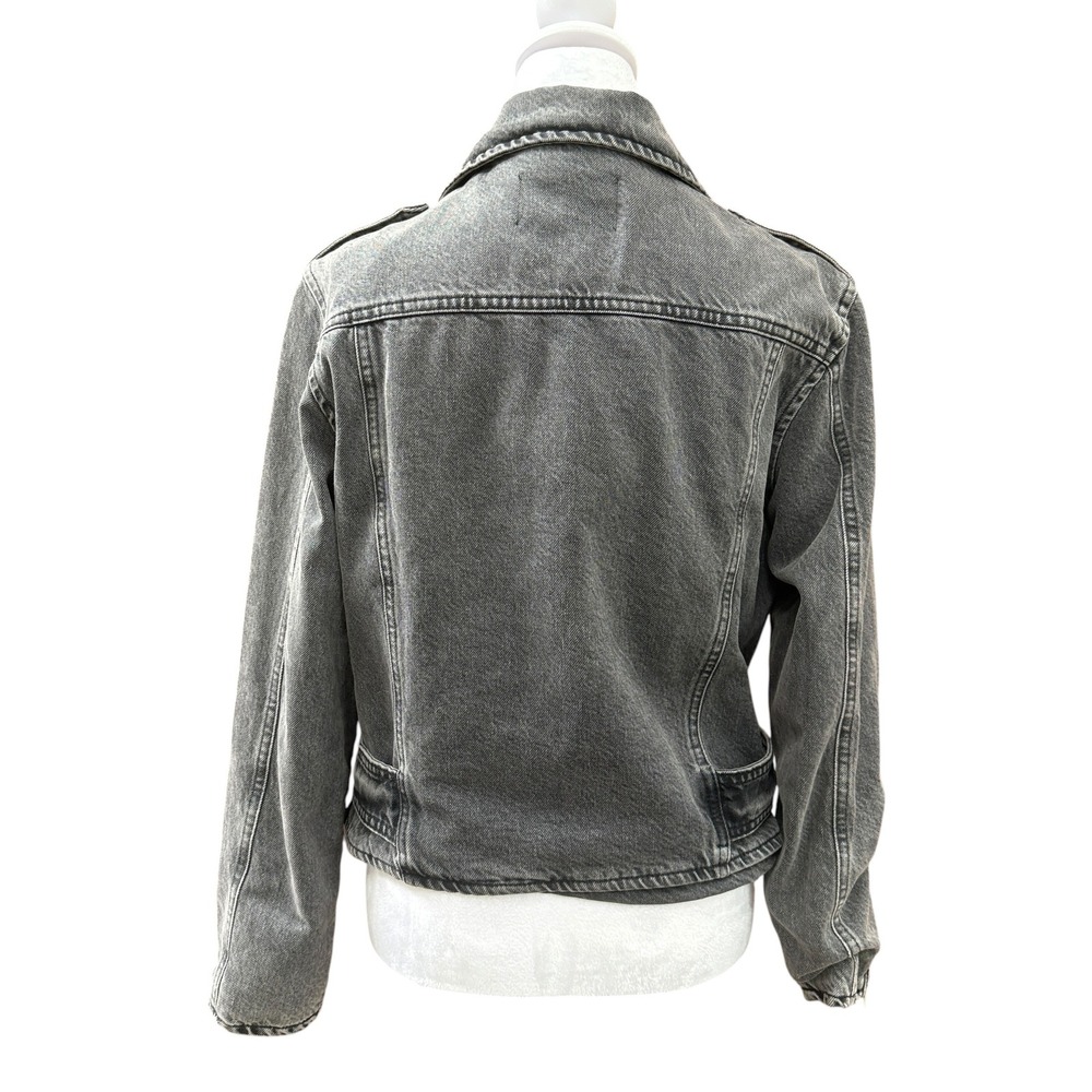 All Saints Denim Moto Jacket Women 8 Faded Black Belted Biker Asymmetrical Zip - Picture 2 of 14